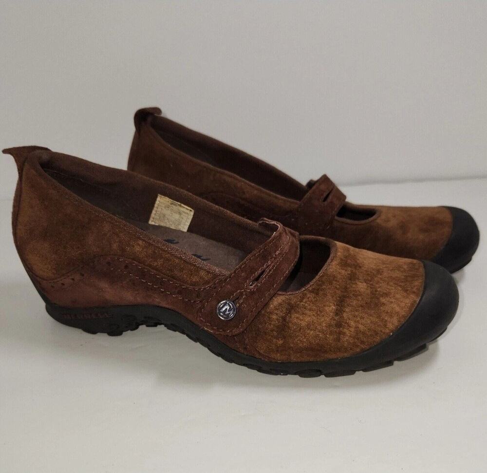 Merrell Mary Jane Wedge Brown Leather Plaza Bandeau Shoe Cherry Oak Women's 8
